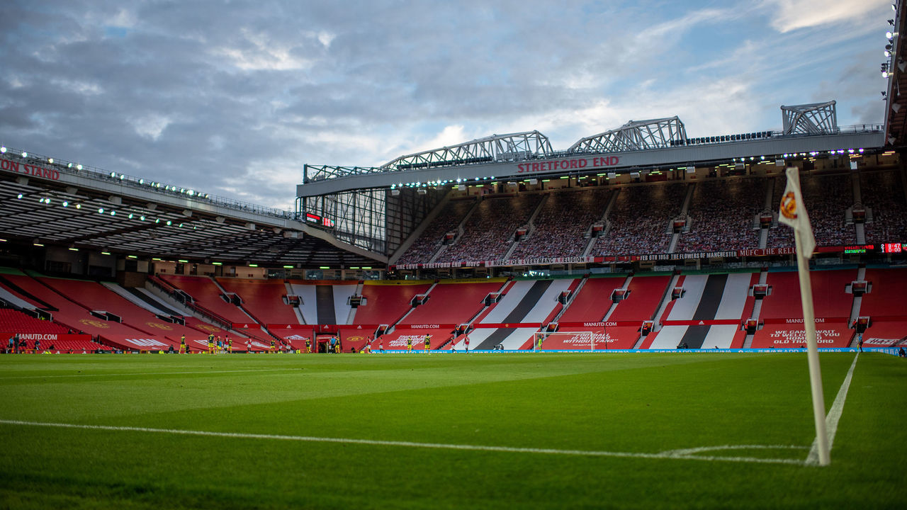 MANCHESTER, ENGLAND - JULY 13: A general view of Old Trafford during the Premier League match between Manchester United and Southampton FC at Old Trafford on July 13, 2020 in Manchester, England. Football Stadiums around Europe remain empty due to the Coronavirus Pandemic as Government social distancing laws prohibit fans inside venues resulting in all fixtures being played behind closed doors.