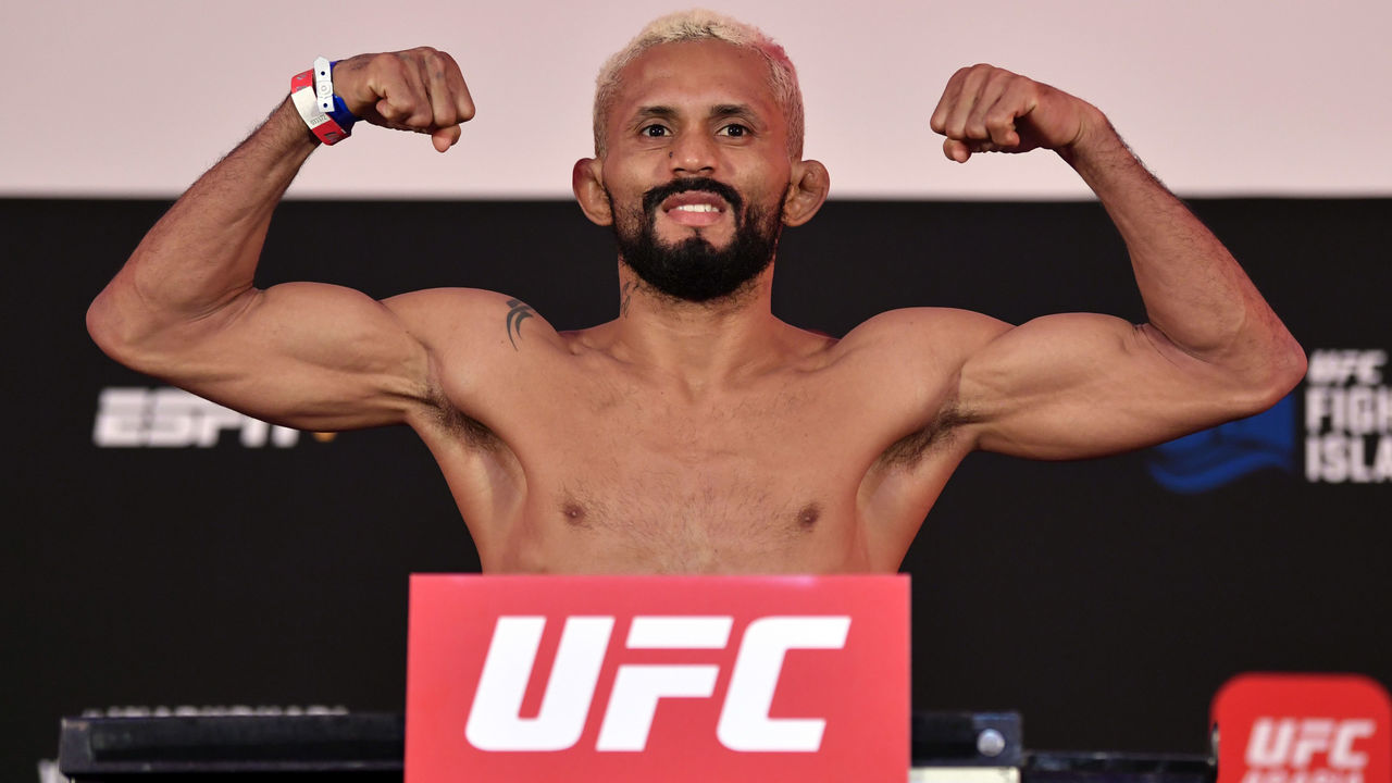 ABU DHABI, UNITED ARAB EMIRATES - JULY 17: Deiveson Figueiredo of Brazil poses on the scale during the UFC Fight Night weigh-in inside Flash Forum on UFC Fight Island on July 17, 2020 in Yas Island, Abu Dhabi, United Arab Emirates.