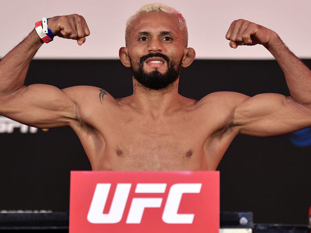 ABU DHABI, UNITED ARAB EMIRATES - JULY 17: Deiveson Figueiredo of Brazil poses on the scale during the UFC Fight Night weigh-in inside Flash Forum on UFC Fight Island on July 17, 2020 in Yas Island, Abu Dhabi, United Arab Emirates.