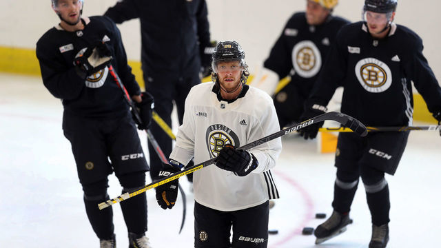 BOSTON - JULY 15: David Pastrnak hits the ice at day 2 of Boston Bruins summer training camp at Warrior Ice Arena in Boston on July 14, 2020.
