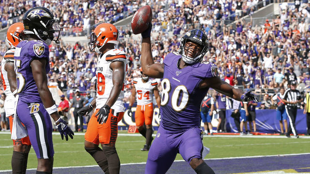 BALTIMORE, MARYLAND - SEPTEMBER 29: Wide Receiver Miles Boykin #80 of the Baltimore Ravens celebrates after scoring a touchdown in the first half against the Cleveland Browns at M&T Bank Stadium on September 29, 2019 in Baltimore, Maryland.