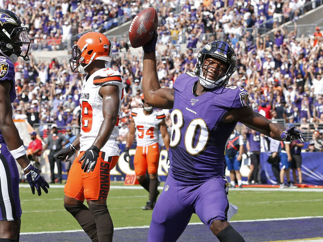 BALTIMORE, MARYLAND - SEPTEMBER 29: Wide Receiver Miles Boykin #80 of the Baltimore Ravens celebrates after scoring a touchdown in the first half against the Cleveland Browns at M&T Bank Stadium on September 29, 2019 in Baltimore, Maryland.
