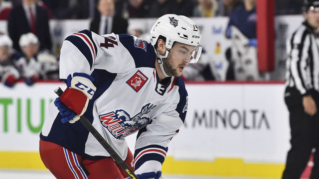 LAVAL, QC - OCTOBER 30: Sean Day #74 of the Hartford Wolf Pack skates against the Laval Rocket at Place Bell on October 30, 2019 in Laval, Canada. The Laval Rocket defeated the Hartford Wolf Pack 4-1.