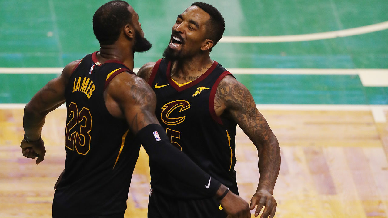 BOSTON, MA - MAY 27: LeBron James #23 of the Cleveland Cavaliers celebrates with JR Smith #5 in the second half against the Boston Celtics during Game Seven of the 2018 NBA Eastern Conference Finals at TD Garden on May 27, 2018 in Boston, Massachusetts.