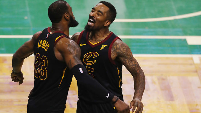 BOSTON, MA - MAY 27: LeBron James #23 of the Cleveland Cavaliers celebrates with JR Smith #5 in the second half against the Boston Celtics during Game Seven of the 2018 NBA Eastern Conference Finals at TD Garden on May 27, 2018 in Boston, Massachusetts.