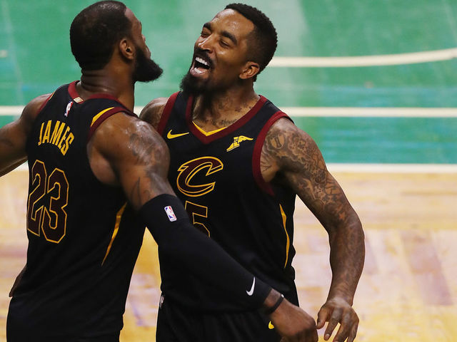 BOSTON, MA - MAY 27: LeBron James #23 of the Cleveland Cavaliers celebrates with JR Smith #5 in the second half against the Boston Celtics during Game Seven of the 2018 NBA Eastern Conference Finals at TD Garden on May 27, 2018 in Boston, Massachusetts.