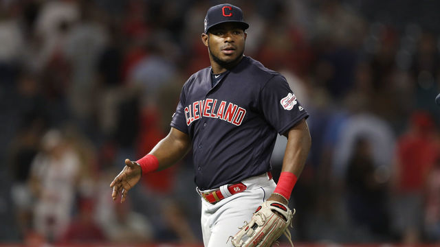 ANAHEIM, CALIFORNIA - SEPTEMBER 11: Yasiel Puig #66 of the Cleveland Indians walks off the infield during a game against the Los Angeles Angels of Anaheim at Angel Stadium of Anaheim on September 11, 2019 in Anaheim, California.