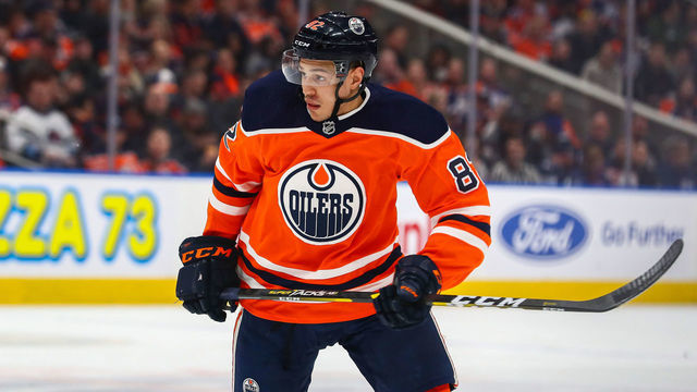 EDMONTON, AB - MARCH 11: Edmonton Oilers Defenceman Caleb Jones (82) in game action in the first period during the Edmonton Oilers game versus the Winnipeg Jets on March 11, 2020 at Rogers Place in Edmonton, AB.
