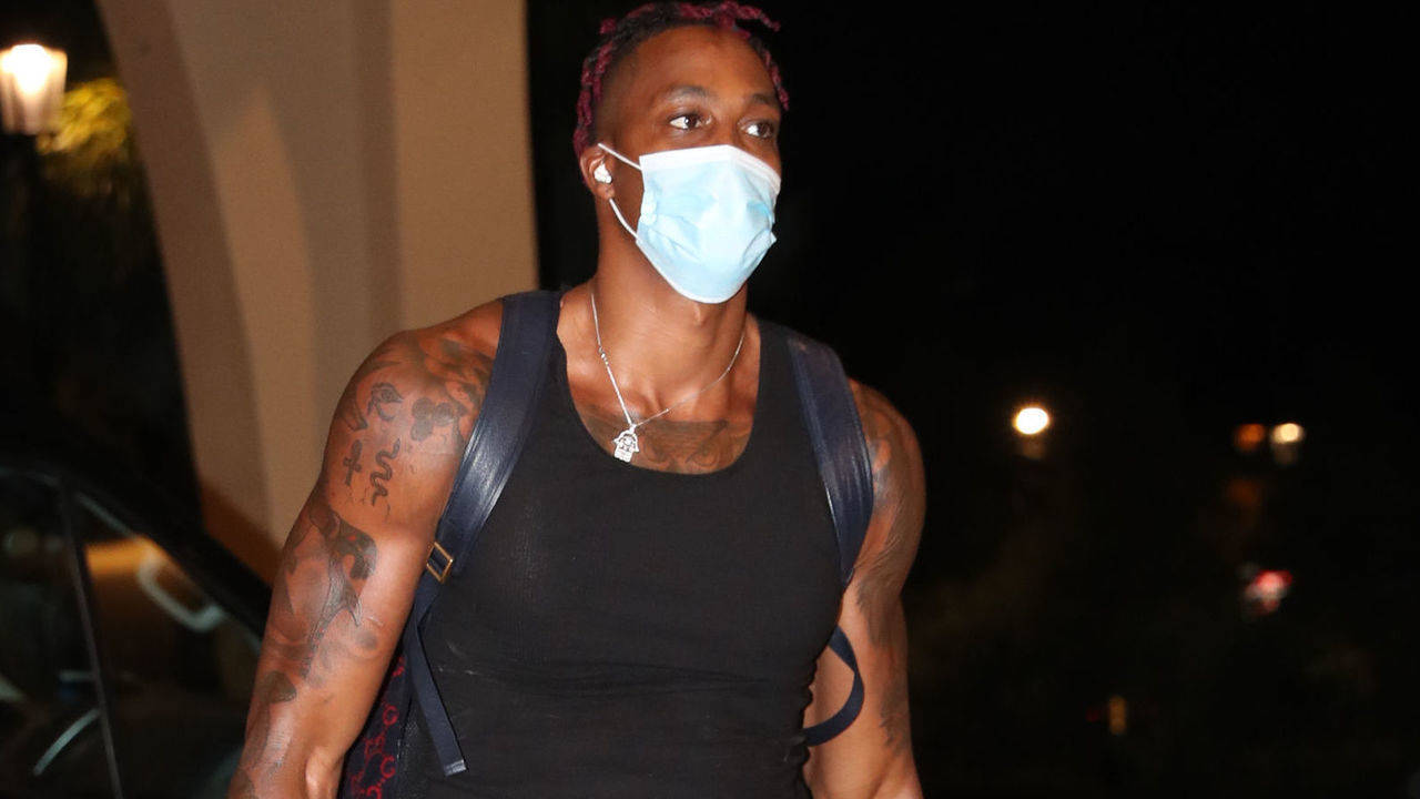 ORLANDO, FL - JULY 9: Dwight Howard of the Los Angeles Lakers arrives at the hotel as part of the NBA Restart 2020 on July 9, 2020 in Orlando, Florida. NOTE TO USER: User expressly acknowledges and agrees that, by downloading and/or using this photograph, user is consenting to the terms and conditions of the Getty Images License Agreement. Mandatory Copyright Notice: Copyright 2020 NBAE