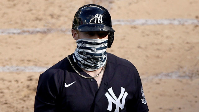 NEW YORK, NEW YORK - JULY 14: Clint Frazier #77 of the New York Yankees walks back to the dugout after he struck out during an intra squad game of summer workouts at Yankee Stadium on July 14, 2020 in the Bronx borough of New York City.