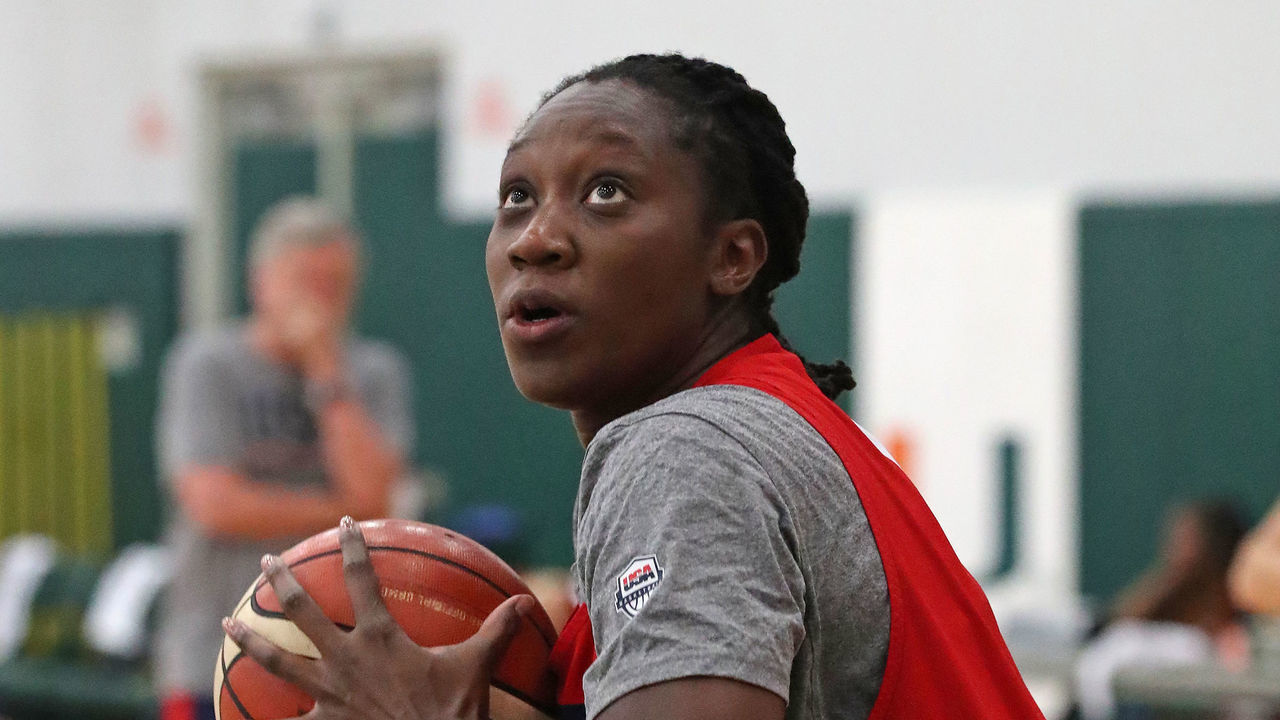 CORCAL GABLES, FL - SEPTEMBER 18: Tina Charles of Team USA handles the ball during the Women's National Team Camp on September 18, 2019 at Watsco Center at University of Miami in Coral Gables, Florida. NOTE TO USER: User expressly acknowledges and agrees that, by downloading and/or using this photograph, user is consenting to the terms and conditions of the Getty Images License Agreement. Mandatory Copyright Notice: Copyright 2019 NBAE