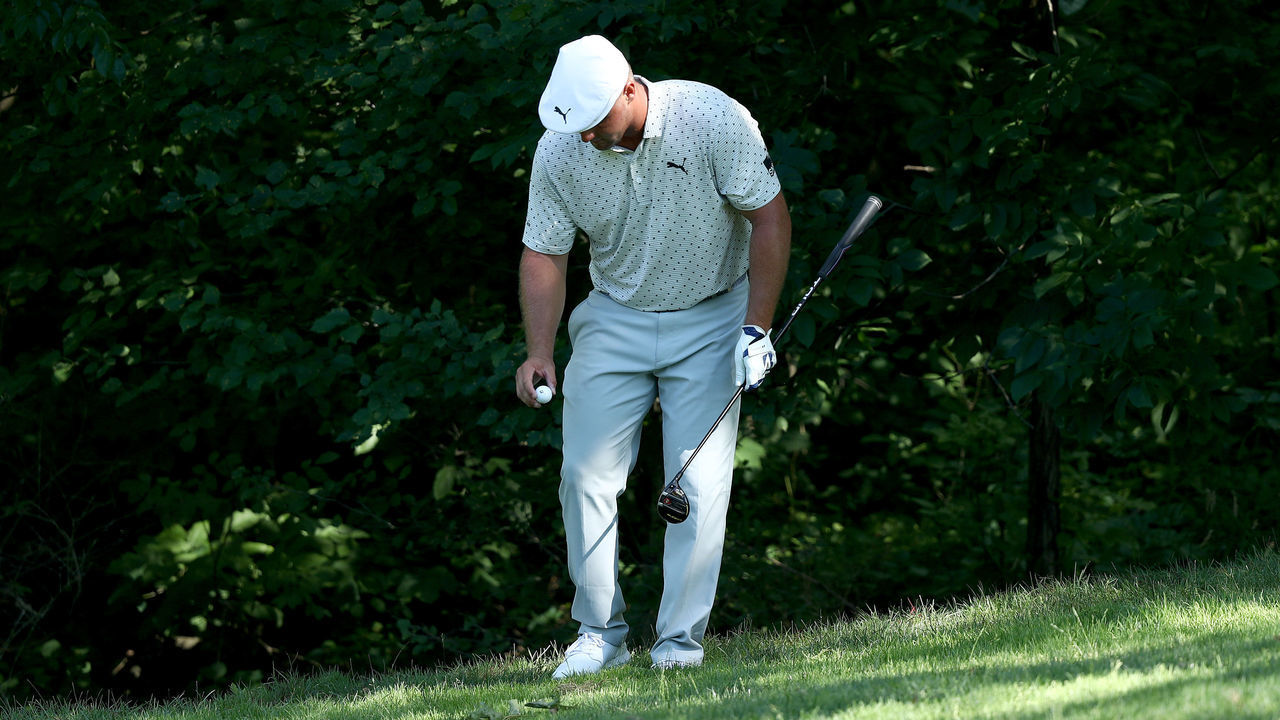 DUBLIN, OHIO - JULY 17: Bryson DeChambeau of the United States drops for the third time on the 15th hole during the second round of The Memorial Tournament on July 17, 2020 at Muirfield Village Golf Club in Dublin, Ohio.