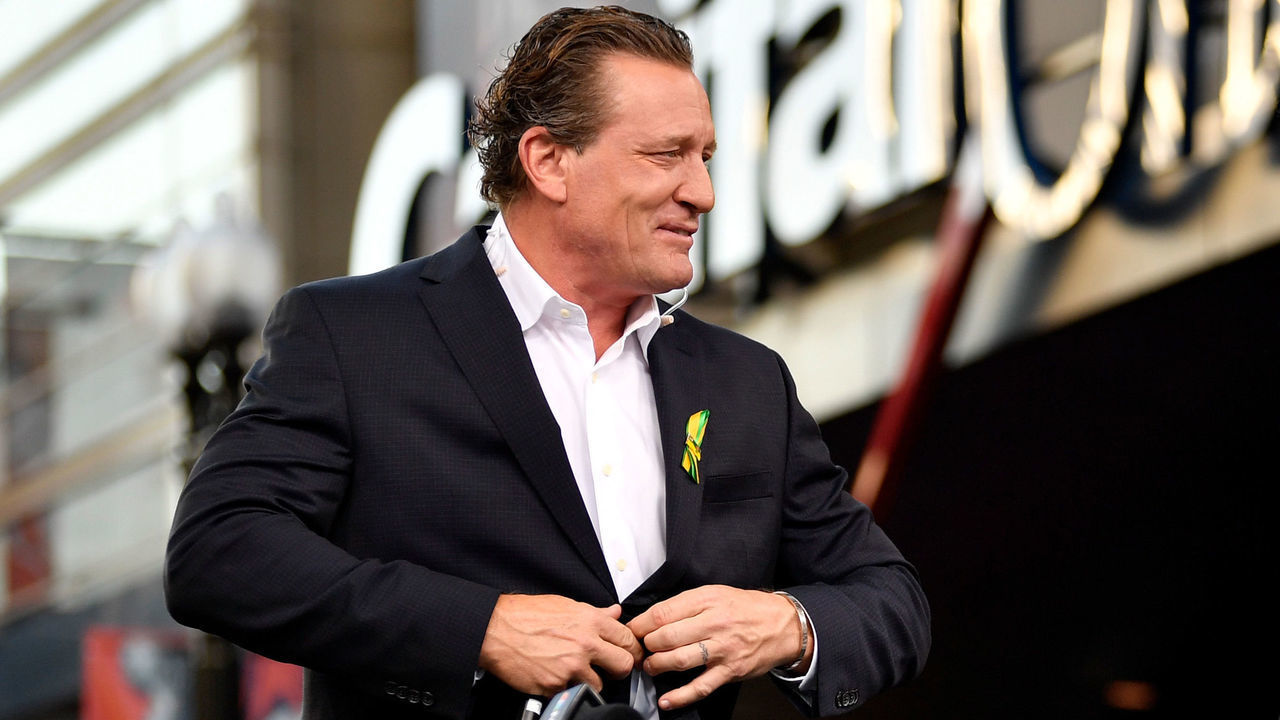 WASHINGTON, DC - JUNE 04: (L-R) Jeremy Roenick and Dale Earnhardt, Jr. are seen on the pre-game telecast prior to Game Four of the Stanley Cup Final between the Washington Capitals and Vegas Golden Knights during the 2018 NHL Stanley Cup Playoffs at Capital One Arena on June 4, 2018 in Washington, DC.