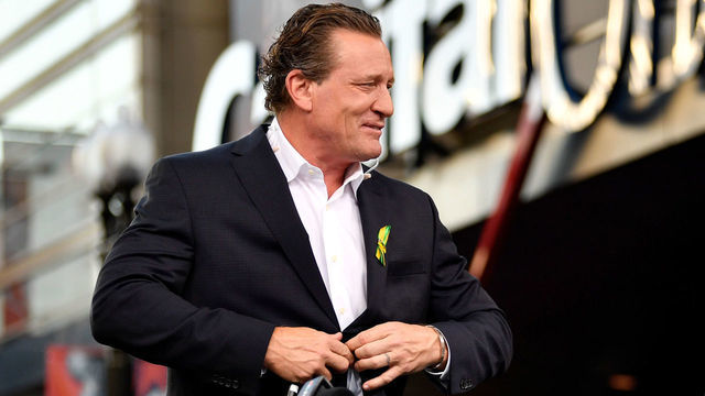 WASHINGTON, DC - JUNE 04: (L-R) Jeremy Roenick and Dale Earnhardt, Jr. are seen on the pre-game telecast prior to Game Four of the Stanley Cup Final between the Washington Capitals and Vegas Golden Knights during the 2018 NHL Stanley Cup Playoffs at Capital One Arena on June 4, 2018 in Washington, DC.
