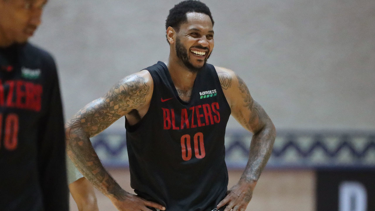 ORLANDO, FL - JULY 14: Carmelo Anthony #00 of the Portland Trail Blazers smiles during practice as part of the NBA Restart 2020 on July 14, 2020 in Orlando, Florida. NOTE TO USER: User expressly acknowledges and agrees that, by downloading and/or using this photograph, user is consenting to the terms and conditions of the Getty Images License Agreement. Mandatory Copyright Notice: Copyright 2020 NBAE