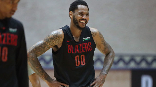 ORLANDO, FL - JULY 14: Carmelo Anthony #00 of the Portland Trail Blazers smiles during practice as part of the NBA Restart 2020 on July 14, 2020 in Orlando, Florida. NOTE TO USER: User expressly acknowledges and agrees that, by downloading and/or using this photograph, user is consenting to the terms and conditions of the Getty Images License Agreement. Mandatory Copyright Notice: Copyright 2020 NBAE
