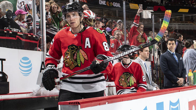 CHICAGO, IL - MARCH 05: Patrick Kane #88 of the Chicago Blackhawks uses a rainbow taped stick during warm-ups in support of the NHL's "Hockey is for Everyone" initiative during Pride Night prior to the game against the Edmonton Oilers at the United Center on March 5, 2020 in Chicago, Illinois.