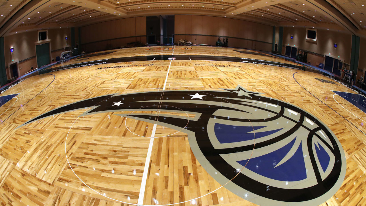 ORLANDO, FL - JULY 2: A general overall view the Orlando Magic practice courts being set up as part of the NBA Restart 2020 on July 2, 2020 in Orlando, Florida. NOTE TO USER: User expressly acknowledges and agrees that, by downloading and/or using this photograph, user is consenting to the terms and conditions of the Getty Images License Agreement. Mandatory Copyright Notice: Copyright 2020 NBAE