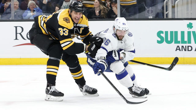 BOSTON, MA - MARCH 07: Boston Bruins left defenseman Zdeno Chara (33) defends on Tampa Bay Lightning right wing Nikita Kucherov (86) during a game between the Boston Bruins and the Tampa Bay Lightning on March 7, 2020 at TD Garden in Boston, Massachusetts.