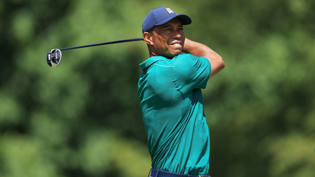 DUBLIN, OHIO - JULY 18: Tiger Woods of the United States plays his shot from the 18th tee during the third round of The Memorial Tournament on July 18, 2020 at Muirfield Village Golf Club in Dublin, Ohio.