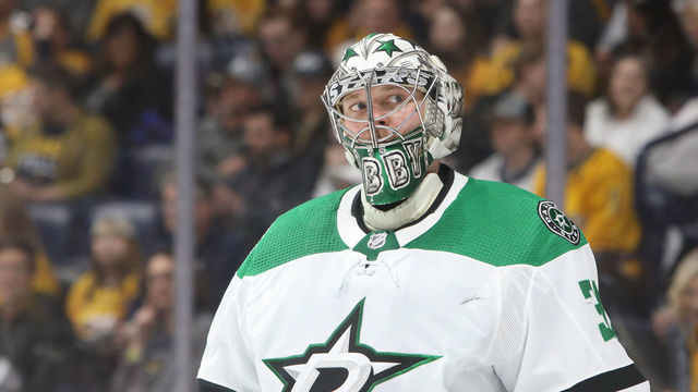 NASHVILLE, TN - MARCH 05: Dallas Stars goalie Anton Khudobin (35) is shown during the NHL game between the Nashville Predators and Dallas Stars, held on March 5, 2020, at Bridgestone Arena in Nashville, Tennessee.