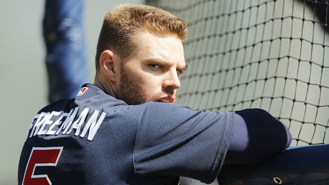 SARASOTA, FLORIDA - FEBRUARY 20: Freddie Freeman #5 of the Atlanta Braves looks on during a team workout at CoolToday Park on February 20, 2020 in Sarasota, Florida.