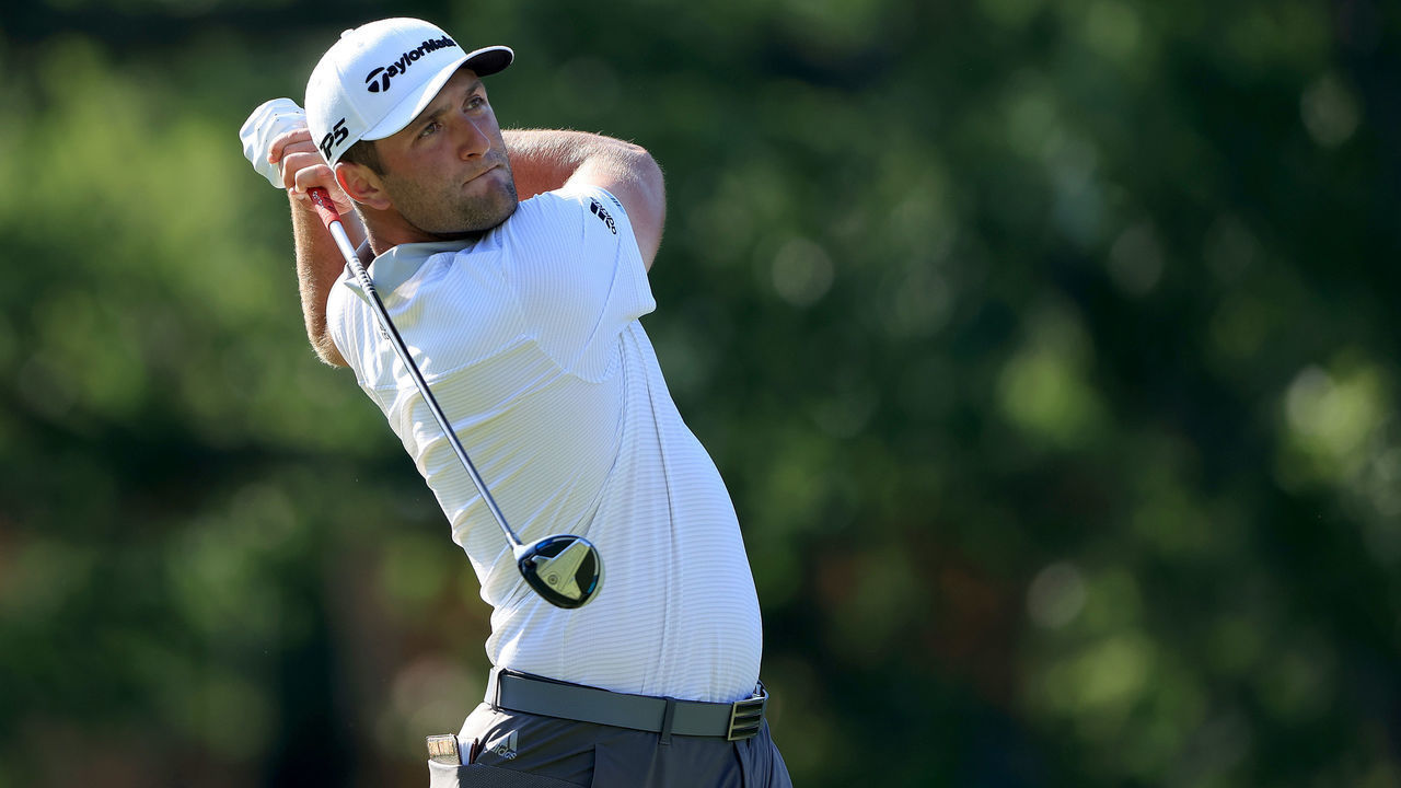 DUBLIN, OHIO - JULY 18: Jon Rahm of Spain plays his shot from the 18th tee during the third round of The Memorial Tournament on July 18, 2020 at Muirfield Village Golf Club in Dublin, Ohio.