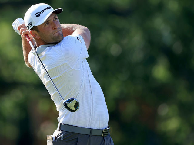 DUBLIN, OHIO - JULY 18: Jon Rahm of Spain plays his shot from the 18th tee during the third round of The Memorial Tournament on July 18, 2020 at Muirfield Village Golf Club in Dublin, Ohio.