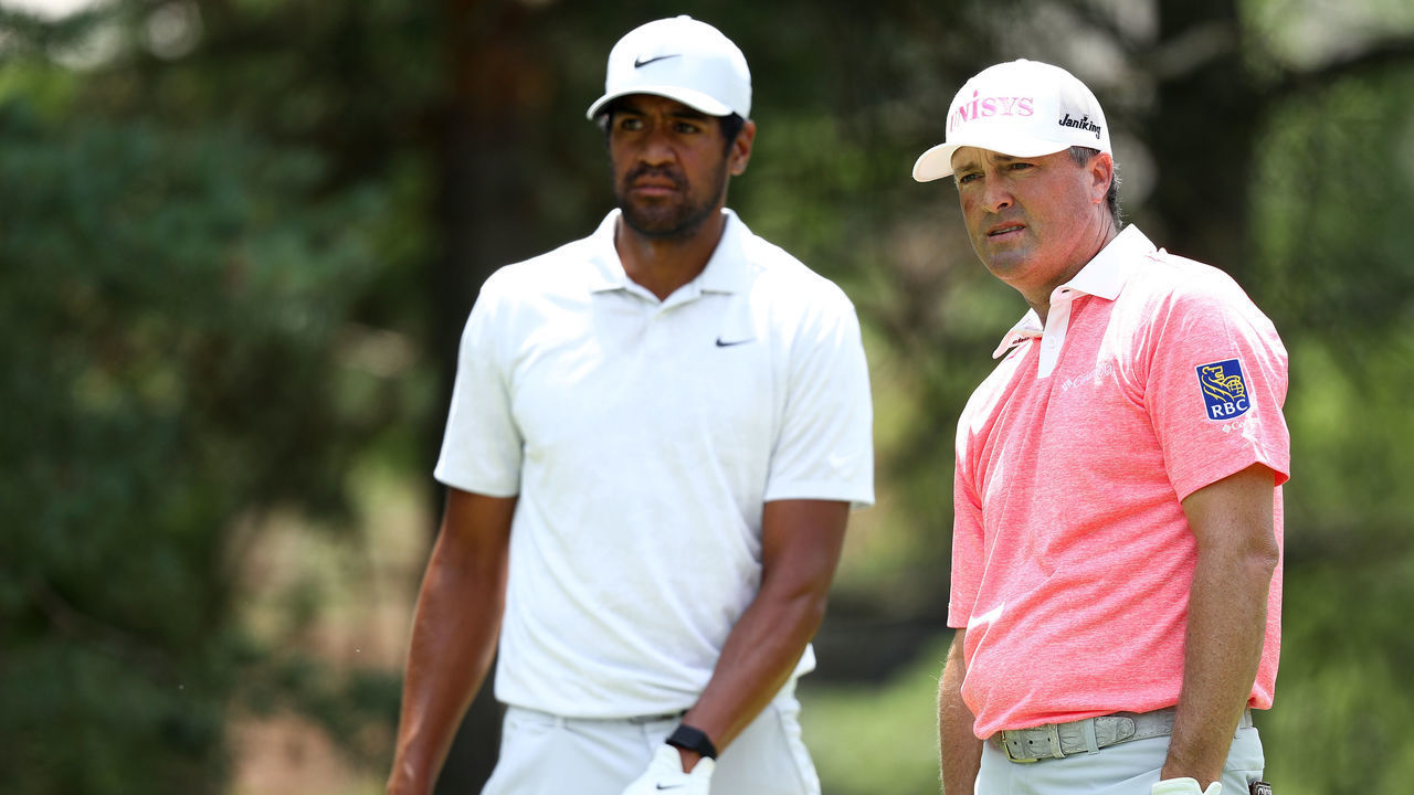 DUBLIN, OHIO - JULY 18: Tony Finau of the United States and Ryan Palmer of the United States look on from the second tee during the third round of The Memorial Tournament on July 18, 2020 at Muirfield Village Golf Club in Dublin, Ohio.