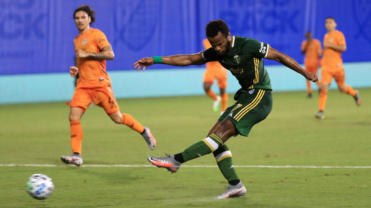REUNION, FLORIDA - JULY 18: Jeremy Ebobisse #17 of Portland Timbers scores a goal in the first half against the Houston Dynamo during the MLS Is Back Tournament at ESPN Wide World of Sports Complex on July 18, 2020 in Reunion, Florida.