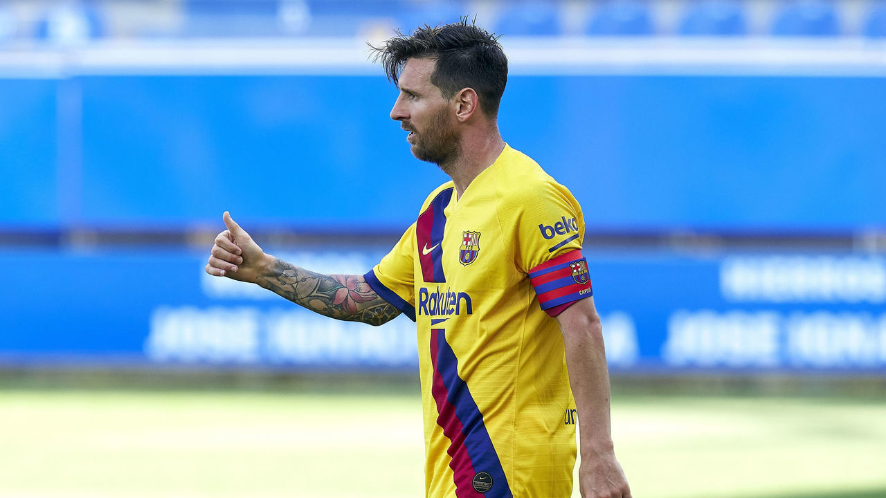 VITORIA-GASTEIZ, SPAIN - JULY 19: Lionel Messi of FC Barcelona reacts during the Liga match between Deportivo Alaves and FC Barcelona at Estadio de Mendizorroza on July 19, 2020 in Vitoria-Gasteiz, Spain.
