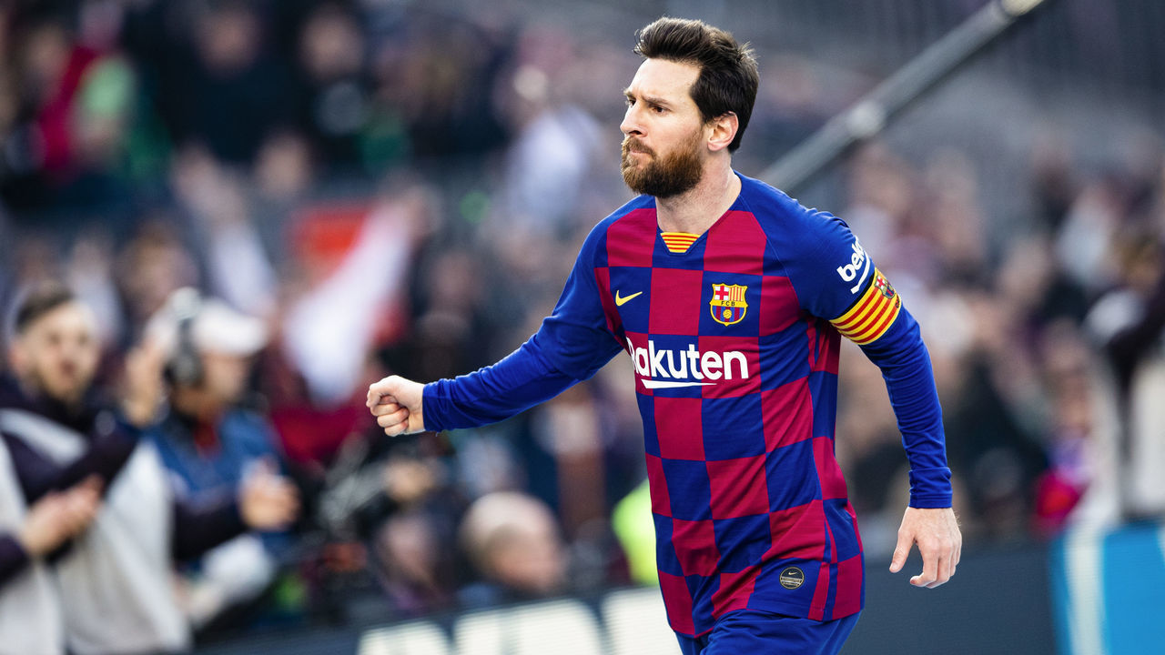 10 Lionel Messi from Argentina of FC Barcelona celebrating the hat-trick at his third goal during La Liga Santander match between FC Barcelona and SD Eibar at Camp Nou Stadium on February 22, 2020 in Barcelona, Spain.