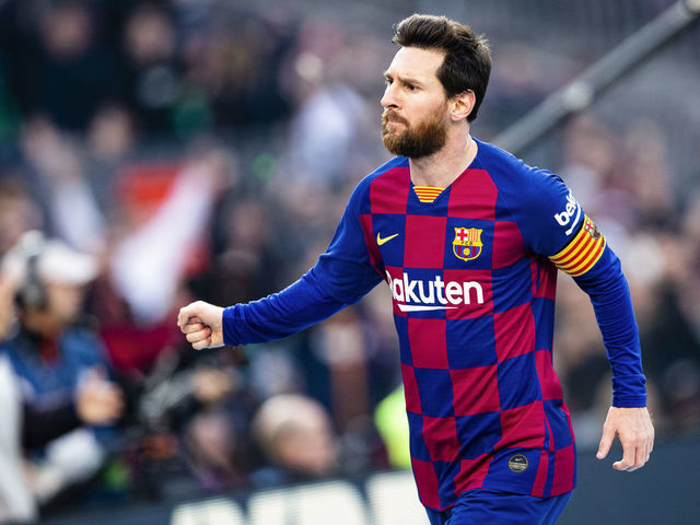10 Lionel Messi from Argentina of FC Barcelona celebrating the hat-trick at his third goal during La Liga Santander match between FC Barcelona and SD Eibar at Camp Nou Stadium on February 22, 2020 in Barcelona, Spain.