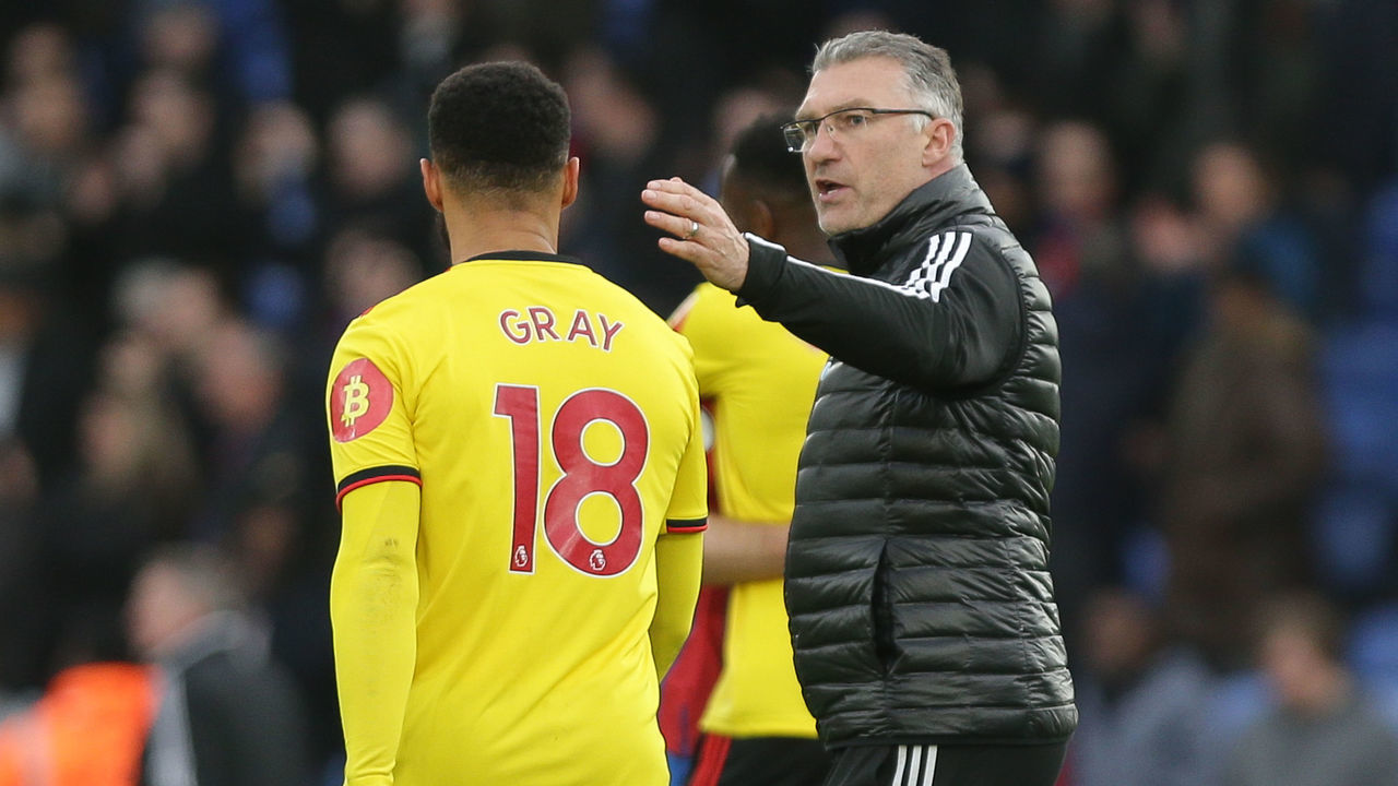 Nigel Pearson manager of Watford with Andre Gray of Watford during the Premier League match between Crystal Palace and Watford at Selhurst Park, London on Saturday 7th March 2020.