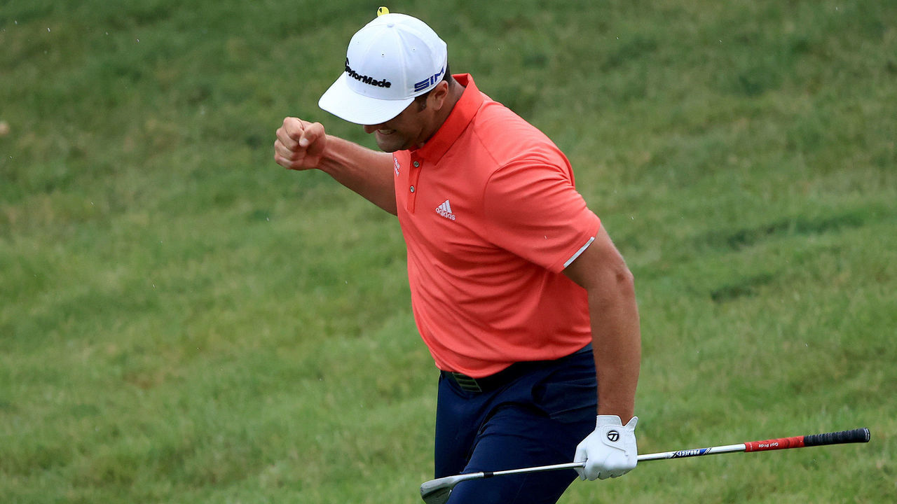 DUBLIN, OHIO - JULY 19: Jon Rahm of Spain celebrates after chipping in for birdie on the 16th hole during the final round of The Memorial Tournament on July 19, 2020 at Muirfield Village Golf Club in Dublin, Ohio.