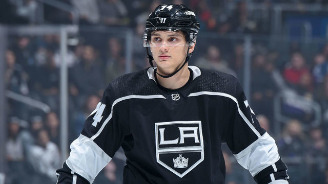 LOS ANGELES, CA - MARCH 9: Nikolai Prokhorkin #74 of the Los Angeles Kings looks on during the first period against the Colorado Avalanche at STAPLES Center on March 9, 2020 in Los Angeles, California.