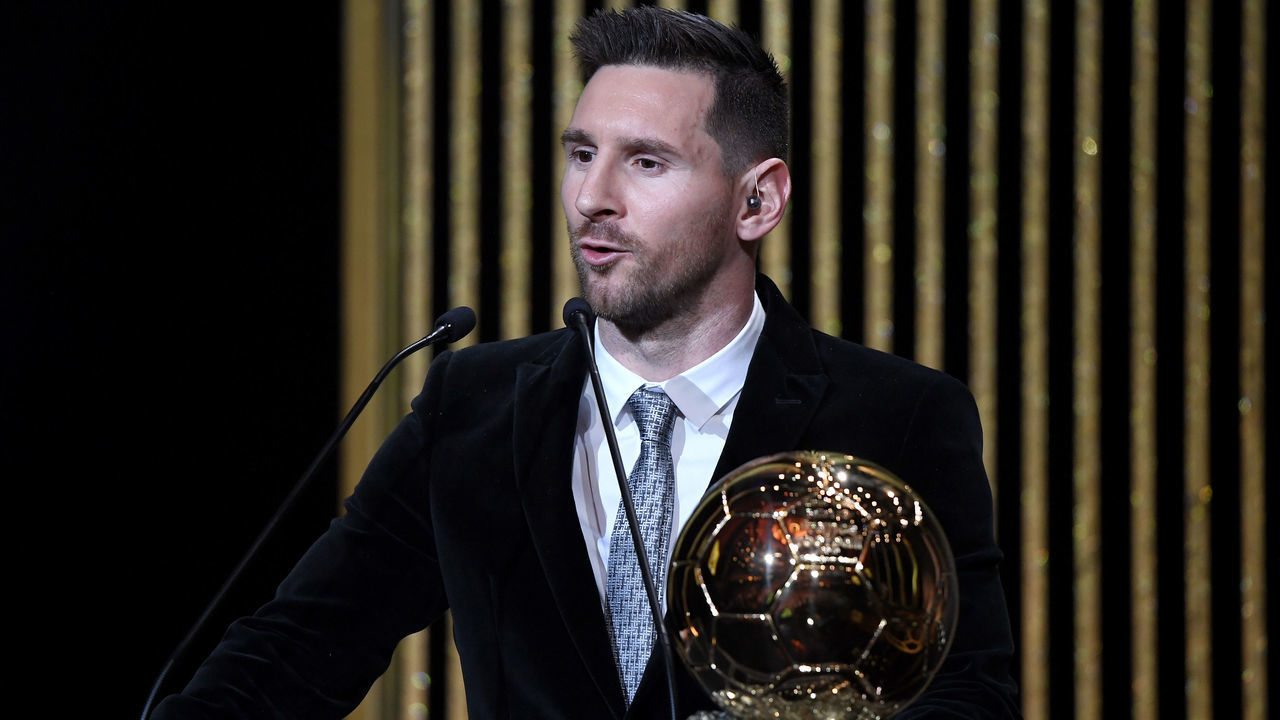 PARIS, FRANCE - DECEMBER 02: Lionel Messi (ARG / FC Barcelona) excepts his sixth Ballon D'Or award during the Ballon D'Or Ceremony at Theatre Du Chatelet on December 02, 2019 in Paris, France.