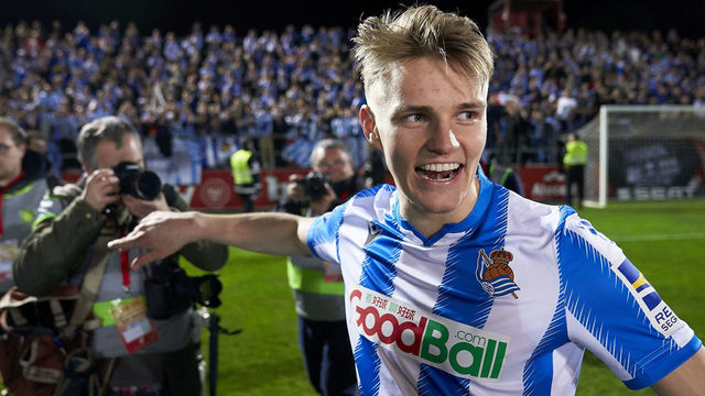 MIRANDA DE EBRO, SPAIN - MARCH 04: Martin Odegaard of Real Sociedad celebrates qualifying to the FInal after their victory on the Copa del Rey semifinal 2nd leg match between Mirandes and Real Sociedad at Estadio Municipal de Anduva on March 04, 2020 in Miranda de Ebro, Spain.