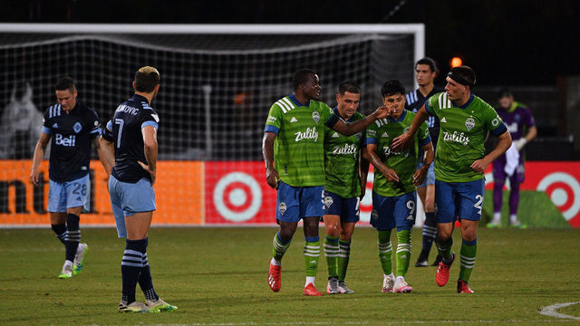 REUNION, FLORIDA - JULY 19: Seattle Sounders FC celebrate a goal against Vancouver Whitecaps FC during a Group B match as part of MLS is Back Tournament at ESPN Wide World of Sports Complex on July 19, 2020 in Reunion, Florida.