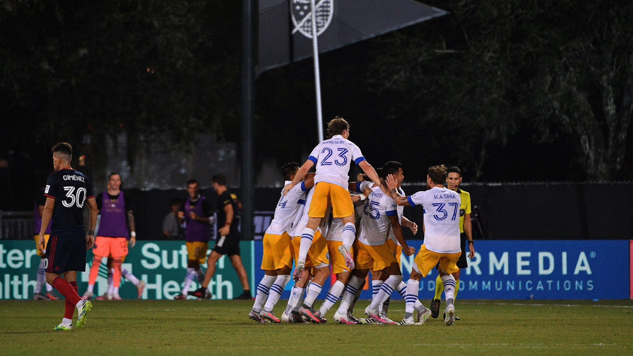 REUNION, FLORIDA - JULY 19: The San Jose Earthquakes celebrate a goal by Cristian Espinoza #10 against Chicago Fire FC during a Group B match as part of MLS is Back Tournament at ESPN Wide World of Sports Complex on July 19, 2020 in Reunion, Florida.