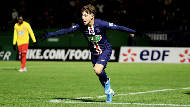 BONDOUFLE, FRANCE-JANUARY 05: Adil Aouchiche of Paris Saint-Germain (PSG) celebrates his goal during the French Cup match between Linas Montlhery and Paris Saint-Germain at Stade Robert-Bobin on January 5, 2020 in Bondoufle, France.
