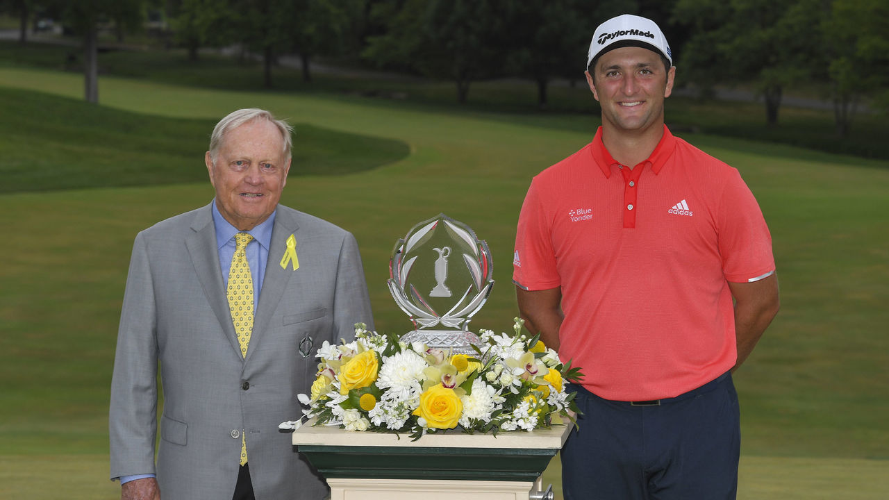 DUBLIN, OHIO - JULY 19: Jon Rahm of Spain celebrates with the winner's trophy with Jack Nicklaus after winning the final round of the Memorial Tournament presented by Nationwide at Muirfield Village Golf Club on July 19, 2020 in Dublin, Ohio.