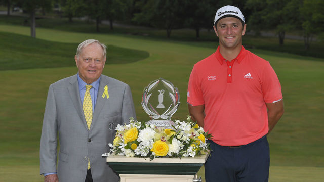 DUBLIN, OHIO - JULY 19: Jon Rahm of Spain celebrates with the winner's trophy with Jack Nicklaus after winning the final round of the Memorial Tournament presented by Nationwide at Muirfield Village Golf Club on July 19, 2020 in Dublin, Ohio.