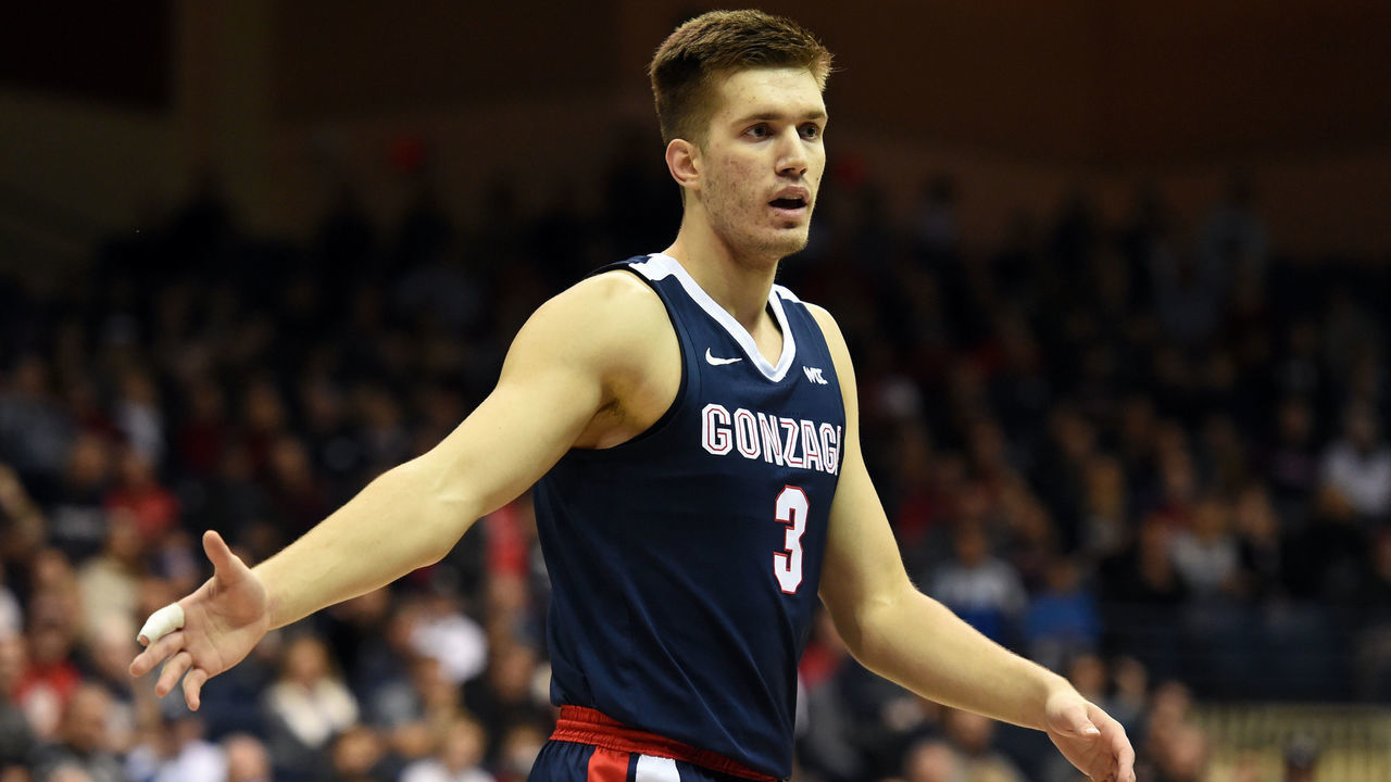 SAN DIEGO, CA - JANUARY 09: Gonzaga (3) Filip Petrusev (F) reacts after a foul call during a college basketball game between the Gonzaga Bulldogs and the San Diego Toreros on January 09, 2020, at the Jenny Craig Pavilion in San Diego, CA.