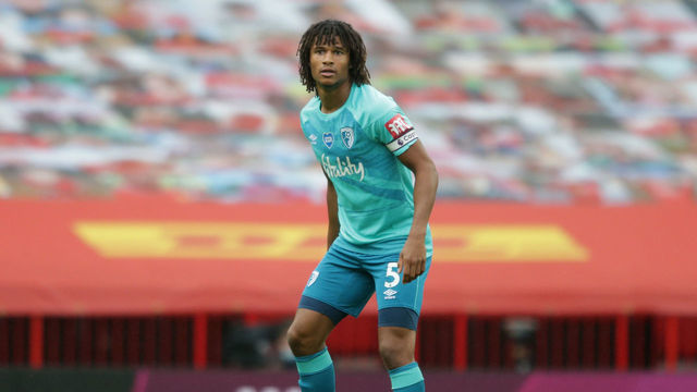 MANCHESTER, ENGLAND - JULY 04: Nathan Ake of Bournemouth during the Premier League match between Manchester United and AFC Bournemouth at Old Trafford on July 04, 2020 in Manchester, England. Football Stadiums around Europe remain empty due to the Coronavirus Pandemic as Government social distancing laws prohibit fans inside venues resulting in all fixtures being played behind closed doors.