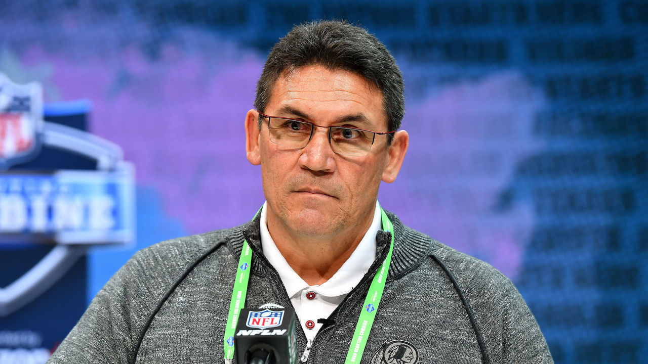 INDIANAPOLIS, INDIANA - FEBRUARY 26: Head coach Ron Rivera of the Washington Redskins interviews during the second day of the 2020 NFL Scouting Combine at Lucas Oil Stadium on February 26, 2020 in Indianapolis, Indiana.