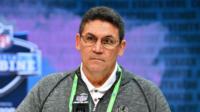 INDIANAPOLIS, INDIANA - FEBRUARY 26: Head coach Ron Rivera of the Washington Redskins interviews during the second day of the 2020 NFL Scouting Combine at Lucas Oil Stadium on February 26, 2020 in Indianapolis, Indiana.