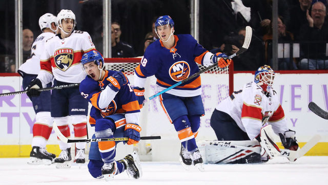 NEW YORK, NEW YORK - NOVEMBER 09: Mathew Barzal #13 of the New York Islanders celebrates after scoring a first period goal against Sergei Bobrovsky #72 of the Florida Panthers during their game at Barclays Center on November 09, 2019 in New York City.
