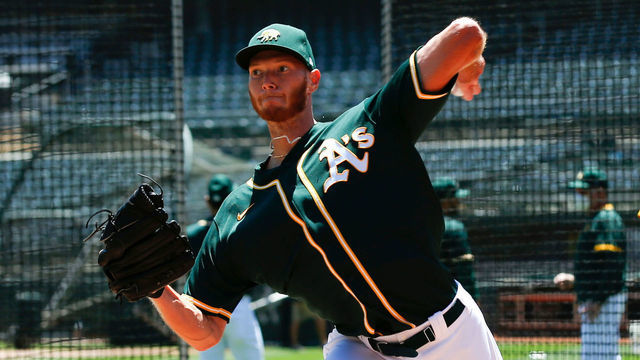 OAKLAND, CA - JULY 8: A.J. Puk #31 of the Oakland Athletics throws in the bullpen during summer workouts at RingCentral Coliseum on July 8, 2020 in Oakland, California.