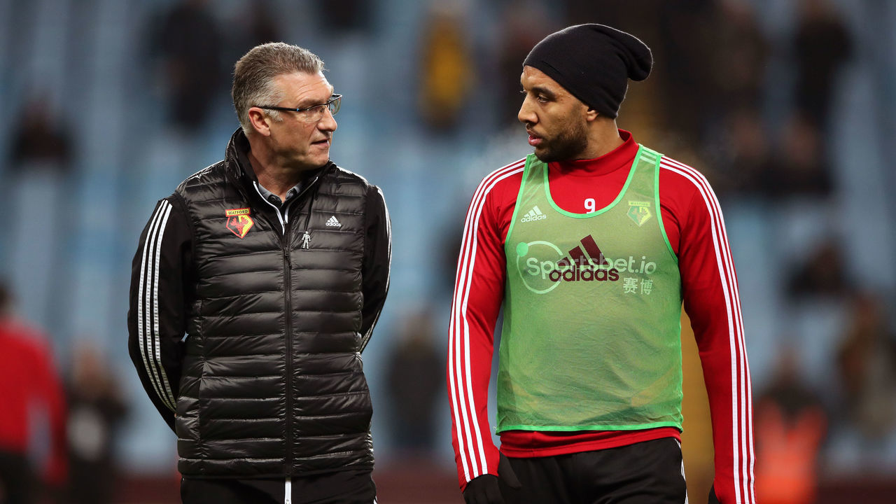 Watford manager Nigel Pearson speaks to team-mate Troy Deeney Aston Villa v Watford - Premier League - Villa Park 21-01-2020 .